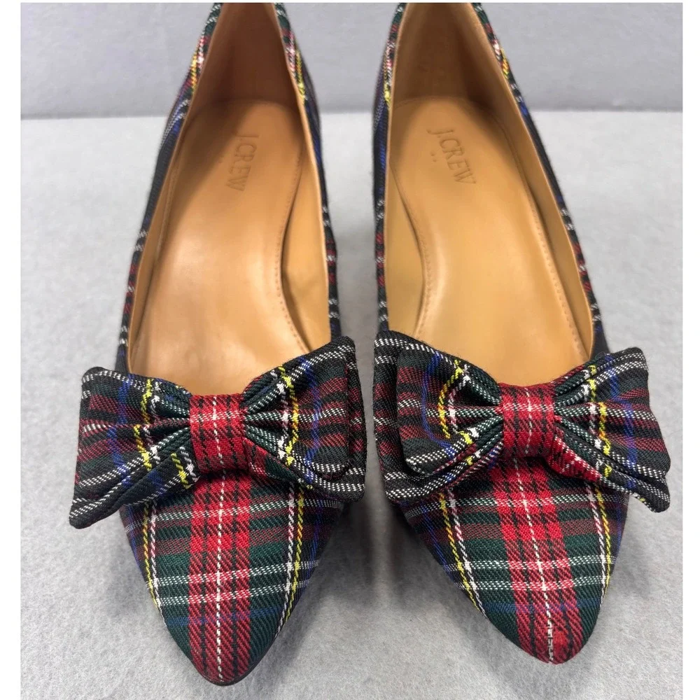 J.Crew Esme Tartan Plaid Kitten Heel Pumps W/ Bow Black & Red Sz 7.5 holiday